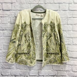 Chicos Womens Lightweight Open Jacket Size 2 (L) 3/4 Sleeve Fringe Paisley Green